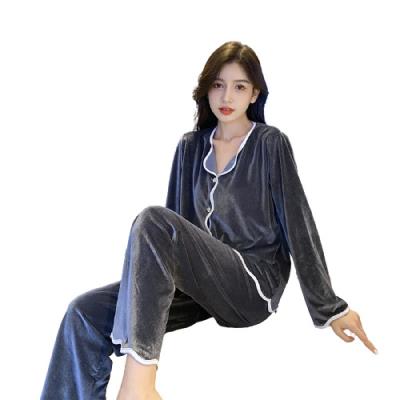 China Wholesale Hot Sale Women's Winter Velvet QUICK DRY Nightgown 2 Pieces Long Sleeve Pajamas Latest Designer Warm Suit for sale