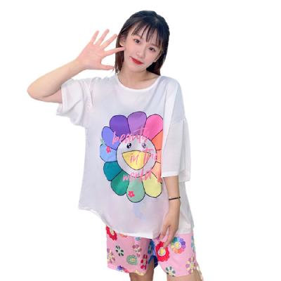 China New Designer 3Piece Comfy Cartoon Silk QUICK DRY Nightgown Sunflower Short Sleeve Shorts And Pants Womens Silk Pajamas for sale