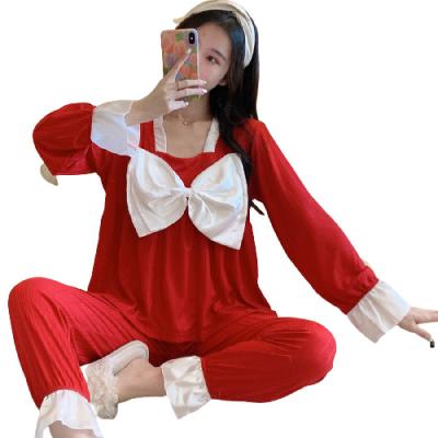 China Fashionable Women's QUICK DRY Nightgown Long Sheath Lovely Pants Bow Tie Home The Latest Design Christmas Pajamas for sale