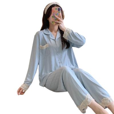 China Summer QUICK DRY milk silk sleepwear women's casual suit lace sleeve long and pants pajamas for sale