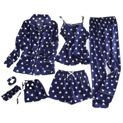 China 7 pieces of QUICK DRY women's pajamas heart shape silk home use the latest design women's sexy spring, summer, autumn home wear pajamas for sale