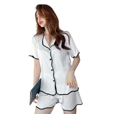 China QUICK DRY Pajamas Women's Fashion Silk Shorts Home Service Set Solid Color Lapel Cardigan Short Nightgown for sale