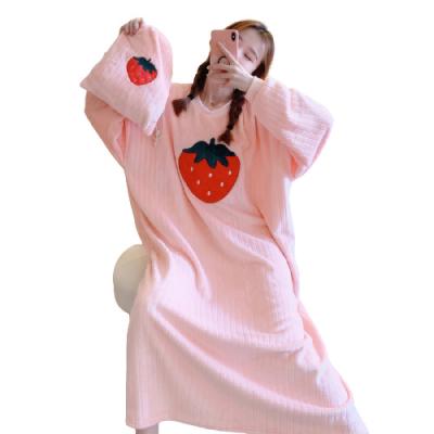 China Wholesale QUICK DRY Winter Women's Strawberry Sleepwear Polyester Flannel Pajamas One Piece Long Skirt Cartoon Adult Pajamas for sale