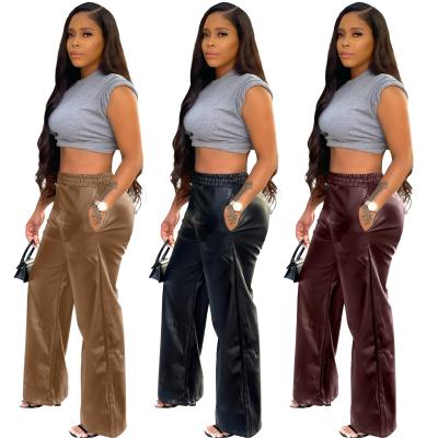 China Women Anti-Wrinkle PU Casual Elastic Wide Leg False Waist Trousers High Waist Leather Pants for sale