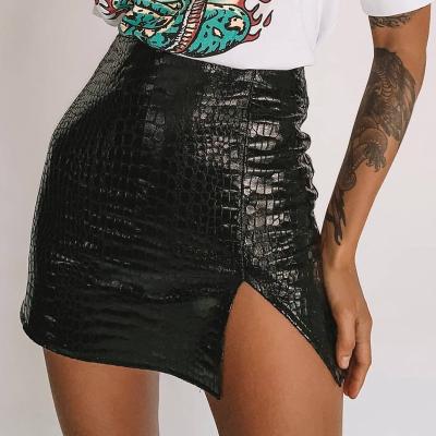 China 2021 Sexy Black Mini Skirts High Waist Snake Skin Skirt Women Slit Faux PU Anti-Static Leather Skirt for sale