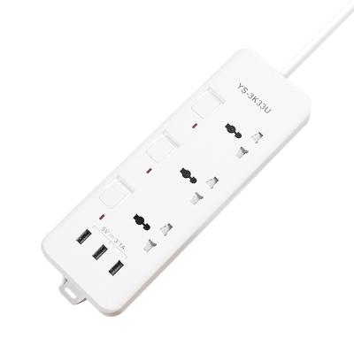 China PC flame retardant material new plug power board 3 USB charger output 3.1A 2M extension cord Travel portable power board, suitable for office extension for sale