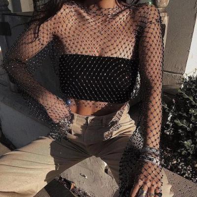 China Crop Top Women Mesh Rhinestone Crop Top Sexy See Through Nightclub Crop Tops Crystal Diamond Tank Top Sexy Mesh Party Long for sale