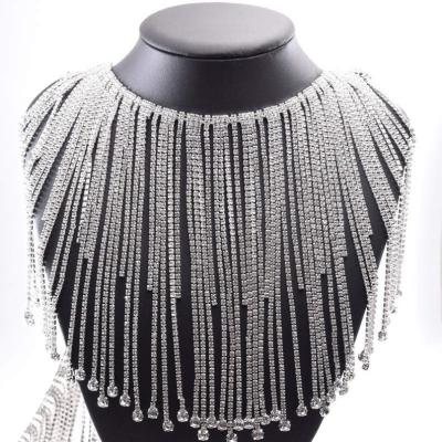 China Flatback Rhinestone Trim Rhinestone Overlength Chain Fringe Clear Glass Neckline Applique Long Tassels Metal Silver Crystal for sale