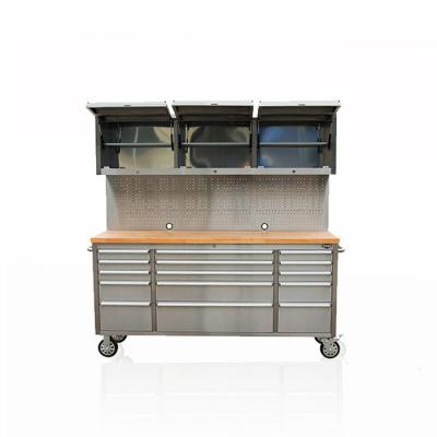 China Double Door Garage Stainless Steel Tool Cabinet 4 Castes 15 Drawers + Movable Storage 3 Tool Box for sale