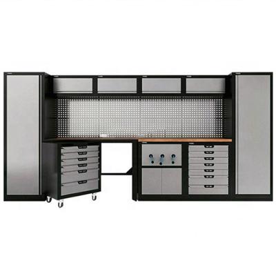 China Large Double Door Factory Metal Garage Storage Cabinets with Doors and 4 Adjustable Shelves Silver Black Tool Cabinet with Tool Cart for sale