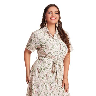 China New Arrival Spring Summer Shirt Collar Washable Self Belted Plus Size Women's Floral Print Shirt Dress for sale