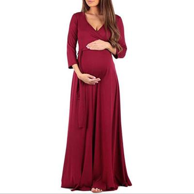 China Summer Breathable V Neck Spring Elegant Women Solid Maternity Dress Self Belted Maternity Maxi Dress for sale