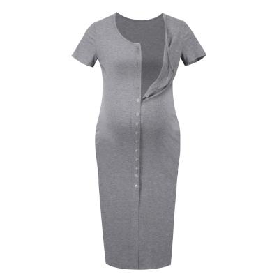 China Solid Front Button Bodycon Ribbed Maternity Maternity Dress Breathable Crew Neck Dressing Gown for sale