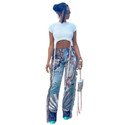 China 2022 Women's Anti-pilling Oil Painting Ocean Printing Fashion Color Tassel Human Pants Cover Up Tapestry Trousers for sale