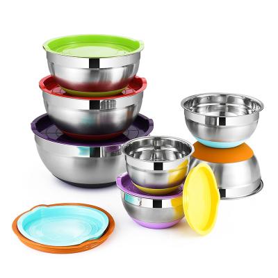 China Kitchen Sustainable Accessories Airtight Lids Rolls Silicone Bottom For Stainless Steel Mixing Bowl Nesting Mixer Bowl Space Saving Set for sale