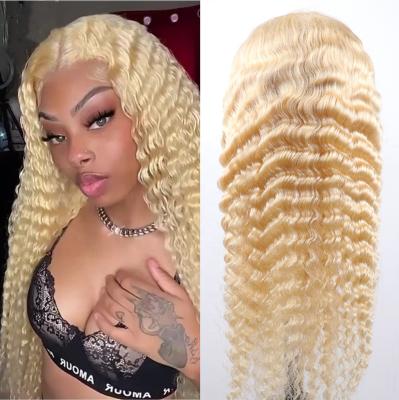 China Hot Sale 100% Real Wave Human Hair 13x4 HD Lace Front Wigs 250 Density Blonde Deep Wave 250 Density Human Hair Wig for sale