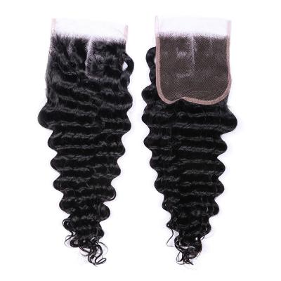 China Factory direct 4x4 natural color deep wave transparent swiss wave lace closure Medium Brown for black women for sale