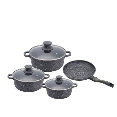 China Sustainable 7 Piece Die Cast Aluminum Marble Coated Nonstick Pots And Pans Set With Glass Lids for sale