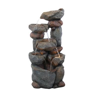 China Feature 2022 Polyresin 5 Stone Fiberglass Stone Waterfall Waterfall Floor Tiered Outdoor Rock Fountain For Garden Patio Deck Porch for sale