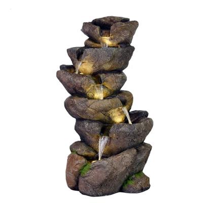 China Feature 2022 Fiberglass Polyresin 6 Tiered Rock Stone Waterfall Fountain Outdoor Rock Stone Waterfall Waterfall For Garden Patio Deck Porch for sale