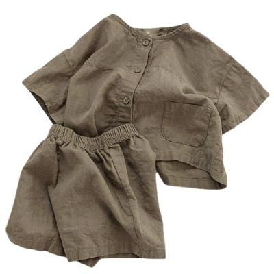 China Wholesale QUICK DRY 2 Pieces Children's Clothing Summer Canvas 2 Pieces Button Short Sleeve Shirt Shorts Loose Suit for sale