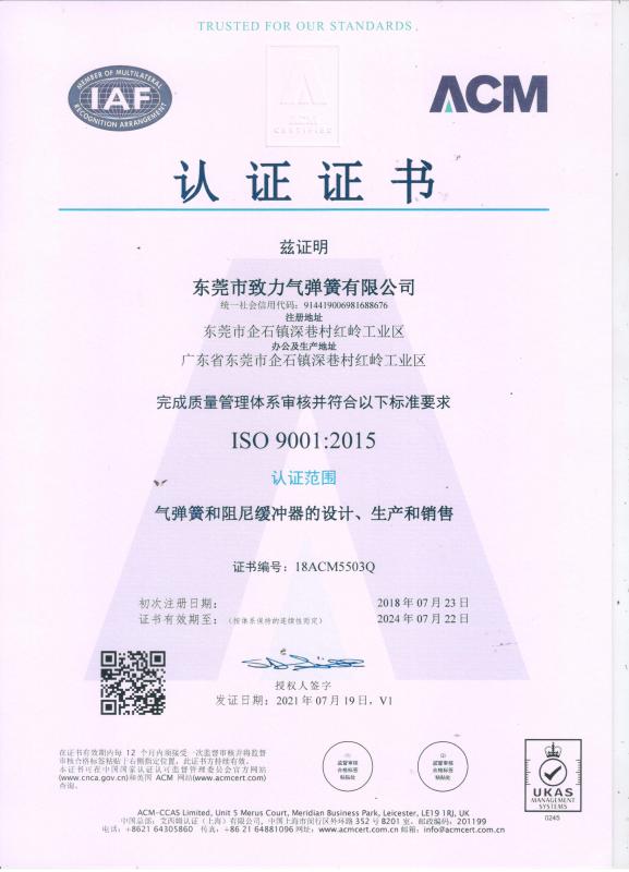 ISO9001 - Dongguan City Zhili Gas Sprirng Co., Ltd.