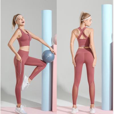 China Breathable Quick Dry Ladies Zipper Push Up Bra High Waist Mesh Legging Set Royal Stylish Female Gym Wear for sale