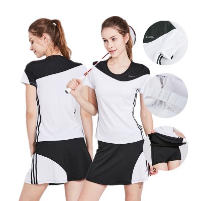 China Badminton Tennis Women Quick Dry Sports Wear 2 Pieces White And Black Short Sleeve Shirt And Short Skirt for sale