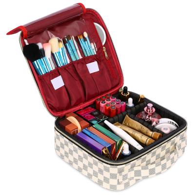 China With Dividers Larger Designer Leathwr Cosmetic Case Adjustable Cute Plaid Makeup Cosmetic Bag for sale