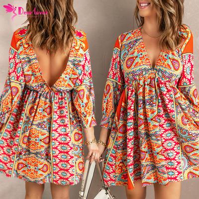 China Breathable Low Ruffle American Mini Bohemian Floral Print V-Neck Cutout V-Neck Women Vestido Wholesale Clothing Dear-Lover Moq Dress for sale