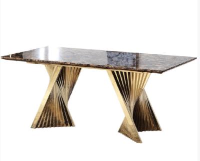 China Modern Large Adjustable Hot Seller Durable Marble Top Dinner Table (Other) With Gold Stainless Steel for sale