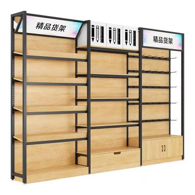 China Double Sided Wholesale Wooden Retail Store Display Rack Supermarket Gondola Shelving for sale