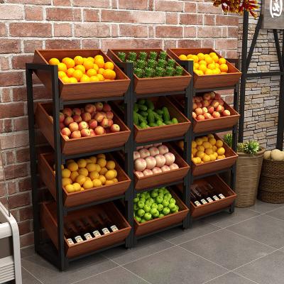 China Single Sided Wholesale Wooden Commercial Supermarket Vegetable And Fruit Display Rack for sale