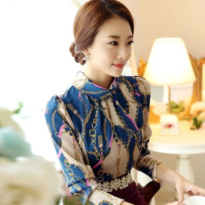 China 2022 spring new product anti-shrink explosive chiffon shirt female printed contrast color long-sleeved simulation SI shirt Korean version for sale