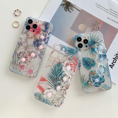 China Shockproof For iPhone 13 Phone Case With Flower Hand Strap Transparent imd Plated Phone Case For iPhone 13 pro 13 max pro for sale