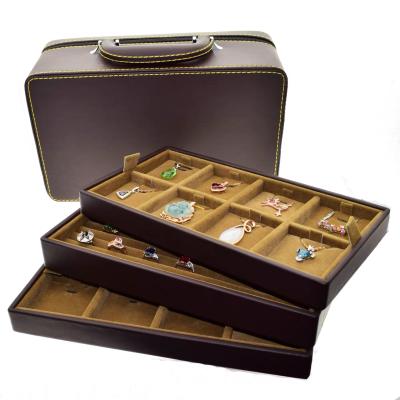 China European SESI Leather Portable Suitcase Jewelery Jewelry Box Display Tray Storage Box With Zipper for sale