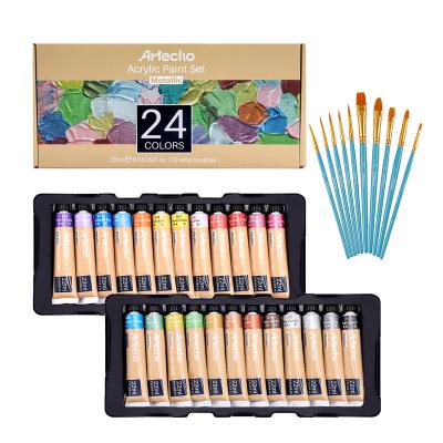 China Artecho Acrylic Paint Set 24 Colors, 22ml/0.74oz Metallic Paint Kit With 10pcs Brushes Supplies For Canvas 0.74oz/22ml for sale