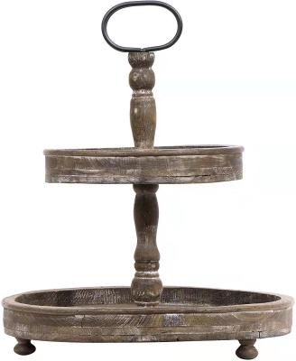 China Eco-Freindly Rustic Wooden Farmhouse Style Kitchen Cupcake Display Stand 2 Tier Serving Tray For Wedding for sale