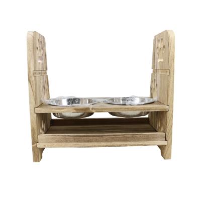 China Automatic Wooden Food and Water Bowls Stand Feeder for Dogs Pet Bamboo Feeder with 2 Stainless Steel Bowls for sale