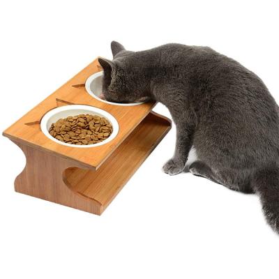 China Automatic Portable Double Silicone Pet Bowls, Stainless Steel Bamboo Ceramic Pet Wooden Double Bowl Cat Food Water Feeder. for sale