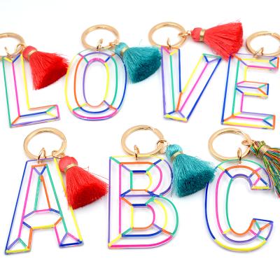 China Pearl Personalized Name Gift Custom Design Key Letters Rainbow Initial Keychain With Tassel for sale