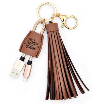 China Hidden Leather USB Key Chain Tassel Mobile Phone Chargers Tassel Brown Leather Durable Leather Key Chain for sale