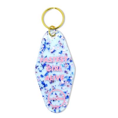 China GAK114 Custom Personalized Logo Plastic Glitter Clear Acrylic Gold Ring Motel And Hotel Key Chain for sale