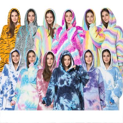 China Newest Sale Unicorn Tie Dye Winter Fleece Lazy Hoodie Blanket Thermal Warm Home Fashion Night-long Dress for sale