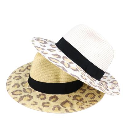 China Stylish Flat Brim Straw Jazz Hat Fashion Animal Print Latest Leopard Eco-Friendly Straw Fedora Hat for sale