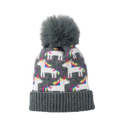 China COMMON Personalized Latest Lovely Unicorn Large Pompom Girl Knitted Hat Winter Kids Little Girl Knitted Hat for sale