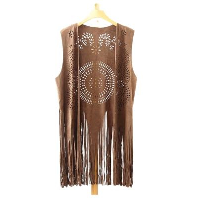 China Breathable Women Fashion Laser Engraving Faux Suede Vest With Fringe Bottom for sale