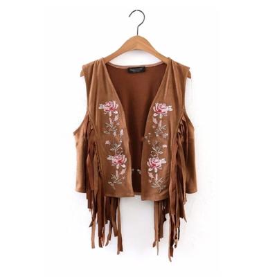 China Breathable Women Fashion Flower Embroidery Faux Suede Shorts Vest With Fringe for sale