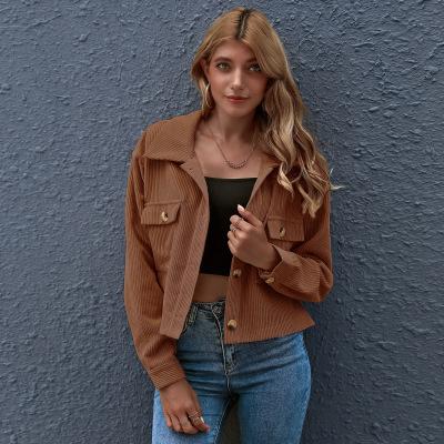 China Hot Selling Retro Sustainable Womens Corduroy Jacket Long Sleeve Cropped Casual Drop Shoulder Jacket Tops for sale