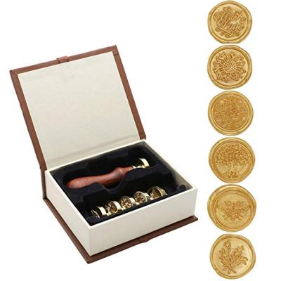 China 6 Pieces Eco-friendly Wax Seal Stamp Set Sealing Wax Stamps Gift Kit With Brass Key Wood Handle for sale